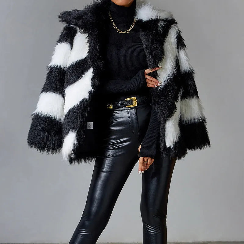 Faux fur coat with contrast lapel and fur collar in a 50cm length