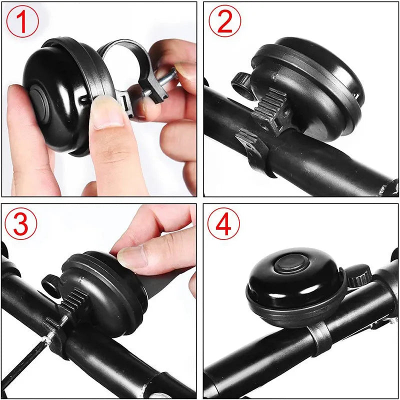 Black ABS plastic bicycle bell with external mounting bracket for 22mm handlebars