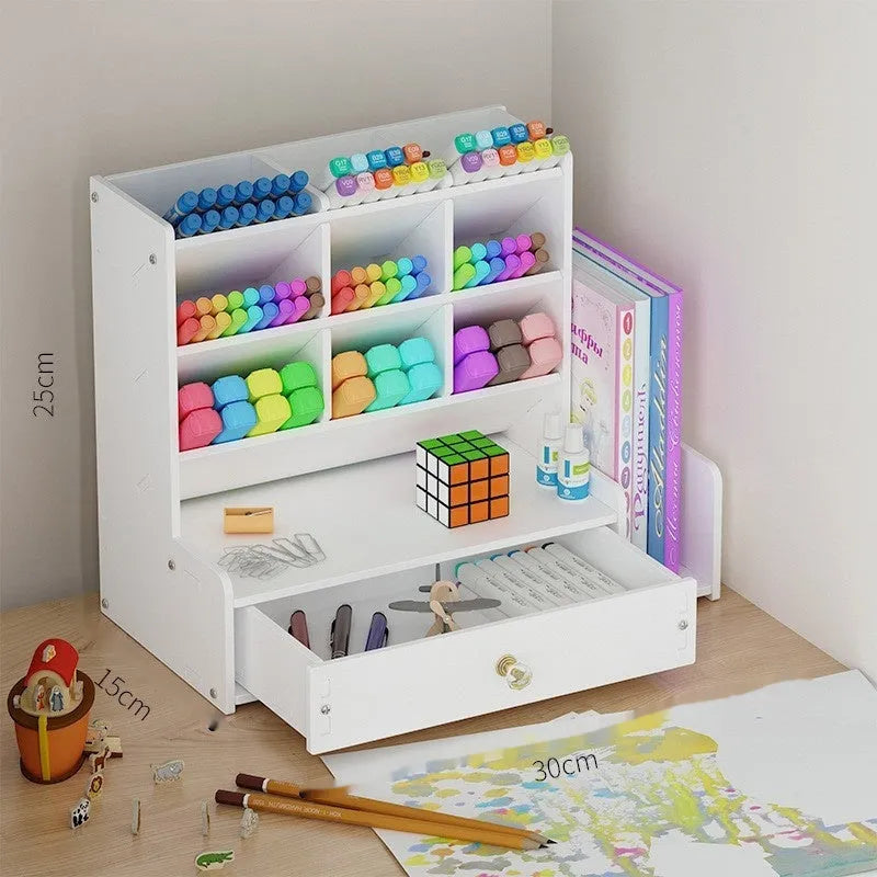 Square white plastic pen holder storage box with 10 individual grid compartments for organisation.