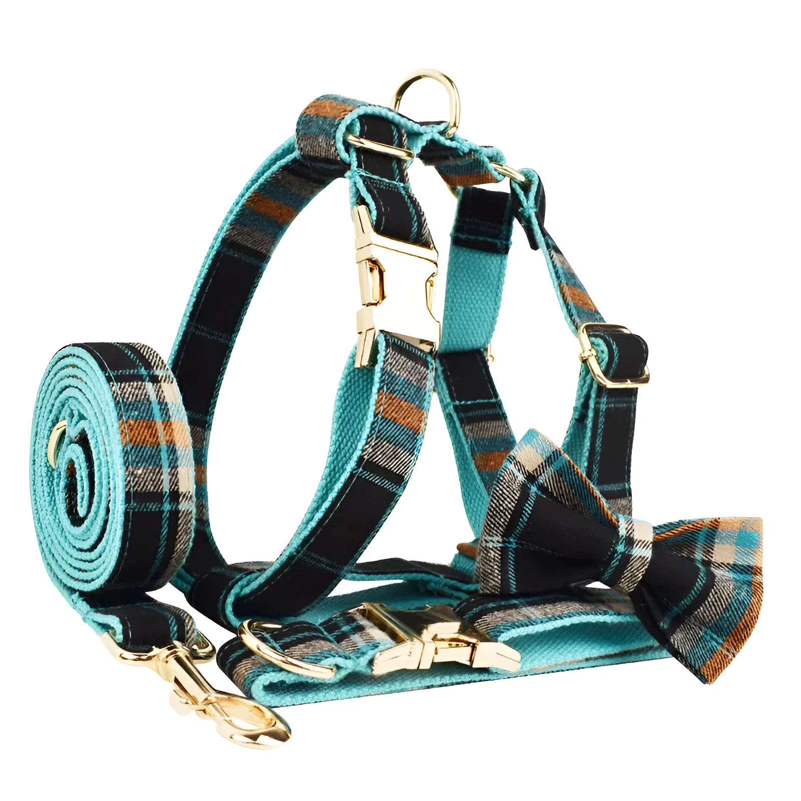 Green retro four-piece dog accessory set with collar, leash, bow and vest on cloth background