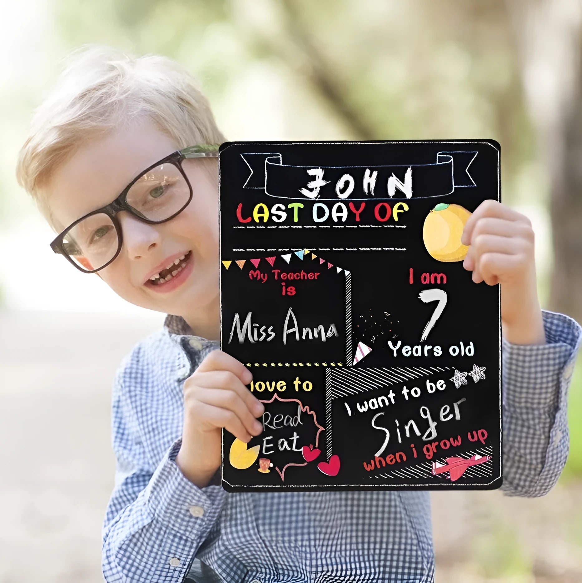 Black wooden First Day of School sign with white chalkboard text, measuring 25.5 by 30 centimetres.