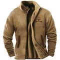 Men's green polyester padded coat on a hanger, showing regular fit and fleece texture.