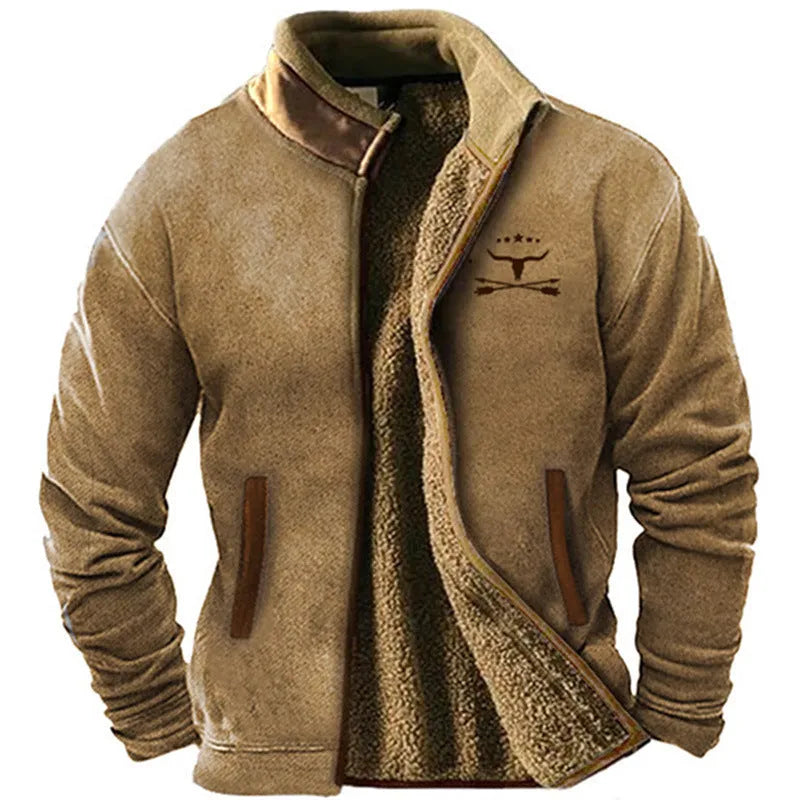 Men's green polyester padded coat on a hanger, showing regular fit and fleece texture.