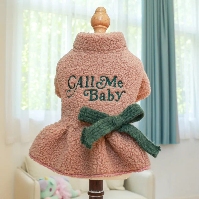 Berber fleece pet skirt for dogs and cats in baby letter print design available in pink or dark blue