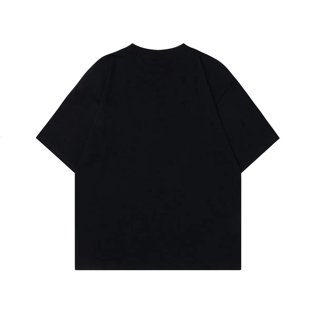 Men's black t-shirt with retro character painting pattern in loose fit cotton design
