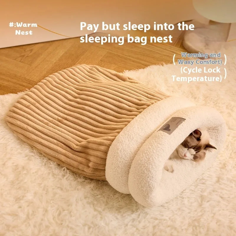 Brown semi-enclosed pet sleeping bag with lambswool insulation on wooden floor