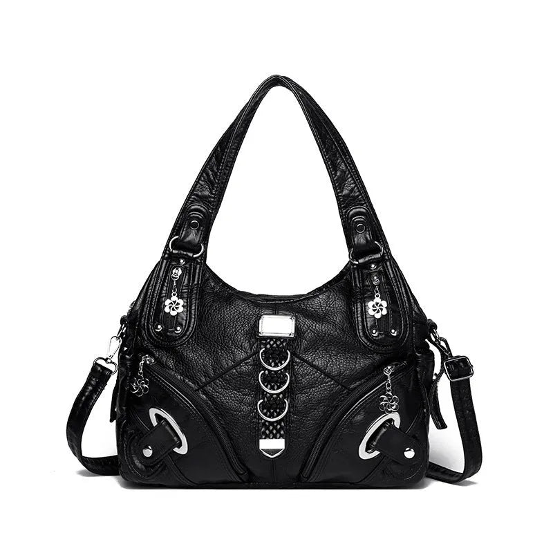 Women's large capacity washed leather handbag in soft PU, black colour, with slit pocket and sewn thread detailing
