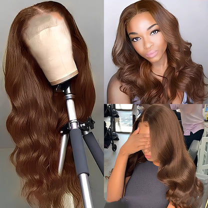 Brown human hair wig with 150% density, 13x6 lace front, lengths 8-30 inches for natural blending