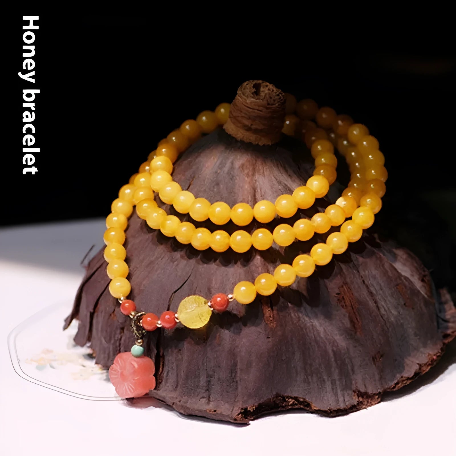 Yellow chicken grease beeswax amber bracelet with animal zodiac design and 5mm round retro styling