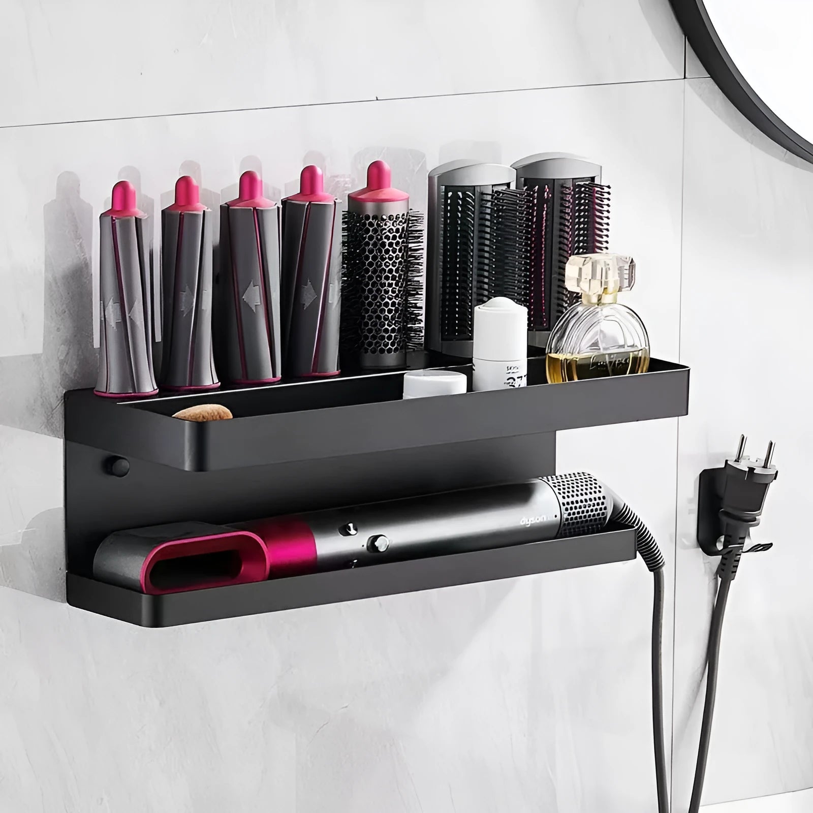 Aluminium punch-free bathroom storage rack for Marcel wavers with double-layer design in black colour