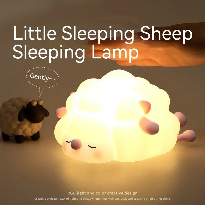 Cozy silicone sheep night light with adjustable brightness, auto-off timer, and USB charging for children's bedroom decor