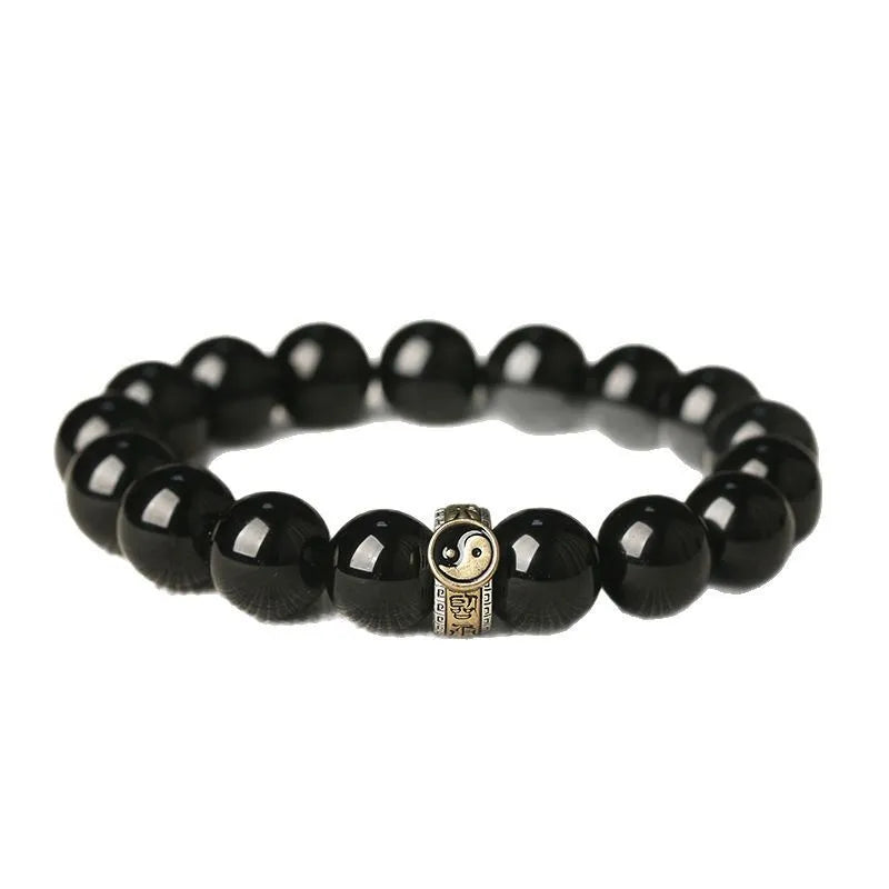 Black stone single ring bracelet for men and women, manual processing, 10mm or 12mm bead size, unisex style