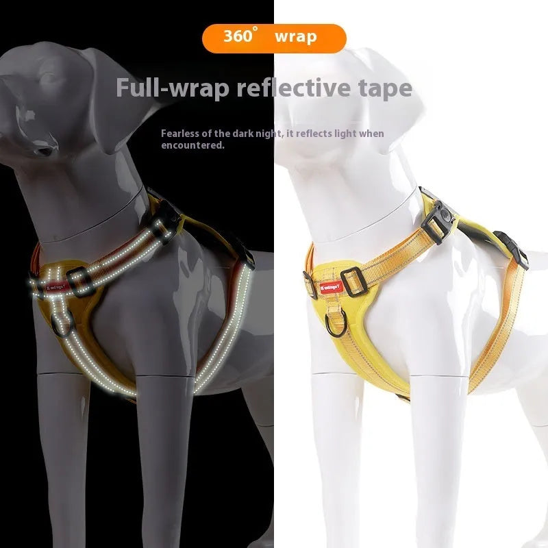 Polyester dog chest harness and lead in multiple colours and sizes for secure pet walking.