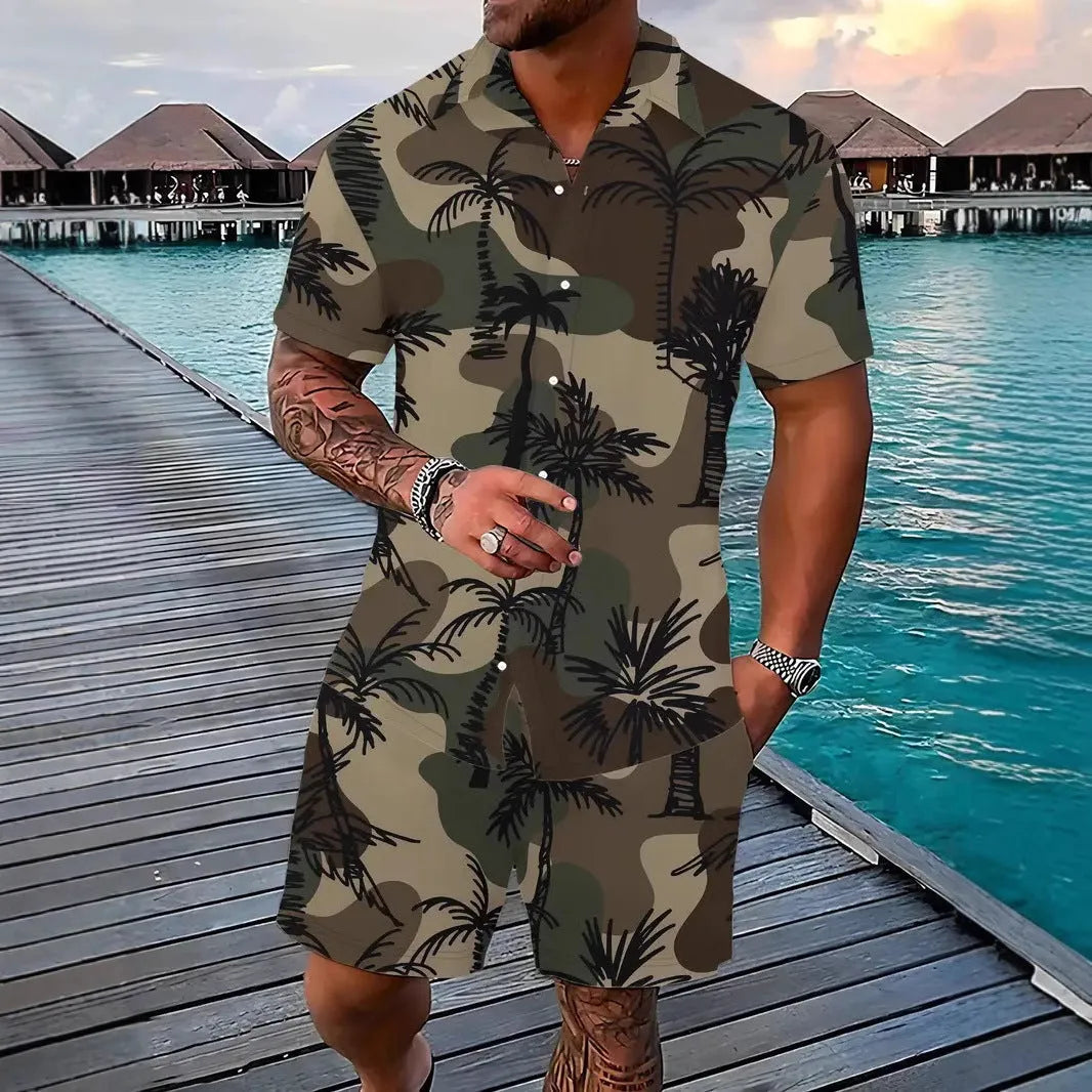 Man wearing a blue Hawaiian print short sleeve shirt and matching shorts from a casual suit set.