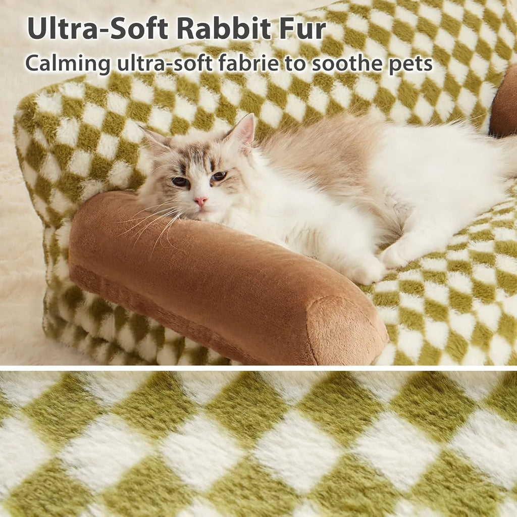Checkered pattern pet sofa bed for a cat, showing removable cover and non-slip bottom.