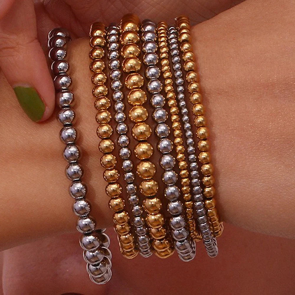 Niche Vintage Stainless Steel Plated 18K Elastic Bead Bracelet in gold and silver options