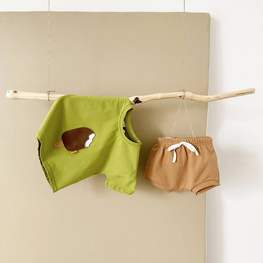 Girls' cotton shorts suit with ice cream patch in apricot, olive and white colours