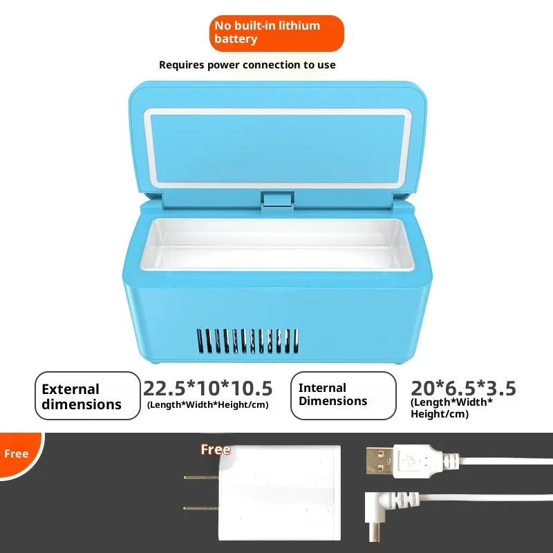 Portable insulin frozen box in white with fast refrigeration and rechargeable battery for car and home use