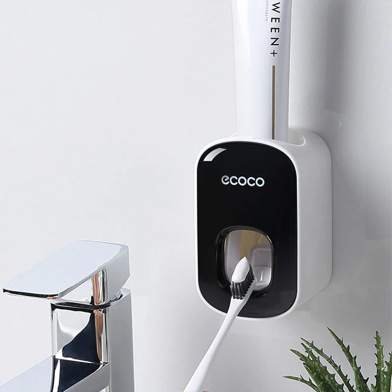 Wall-mounted automatic toothpaste dispenser with upside-down mouthwash cup for convenient and hygienic bathroom organization