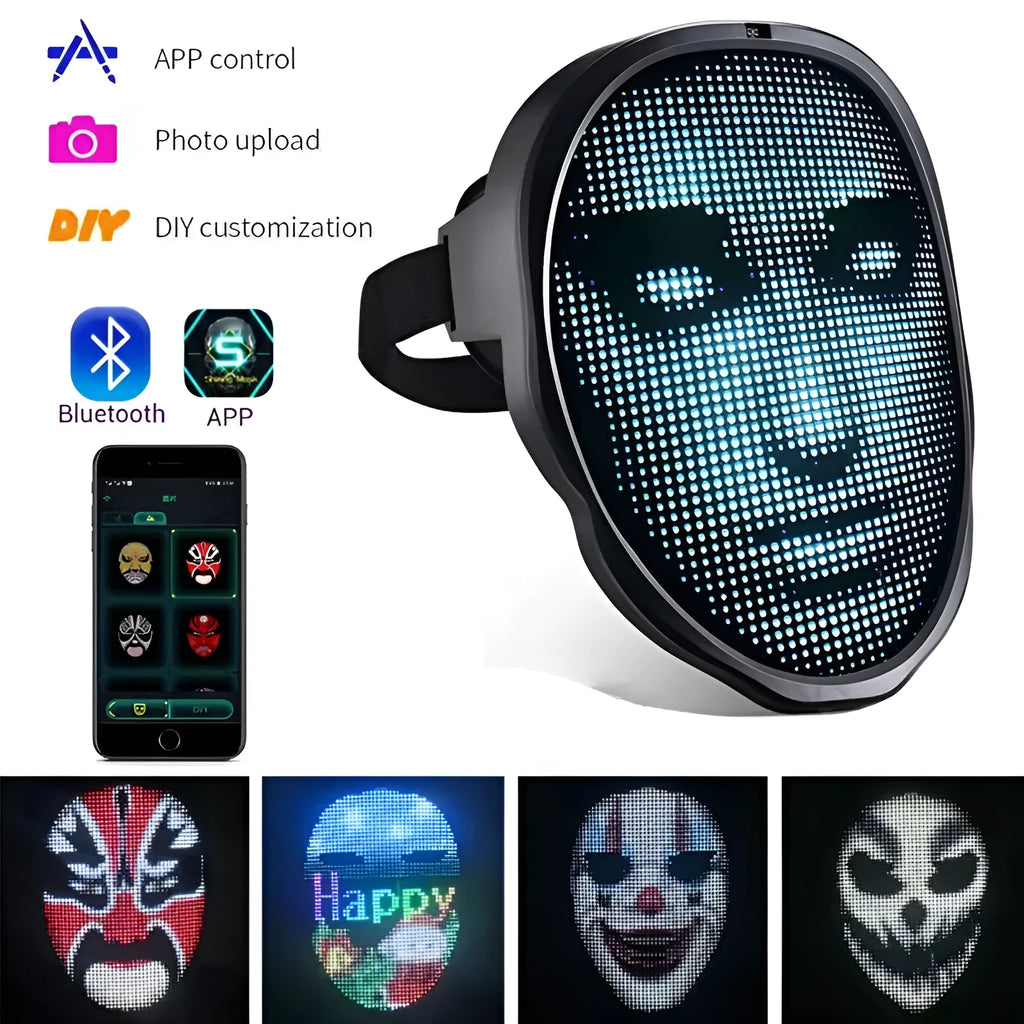 LED luminous face changing mask with colourful display and pre-cut eyeholes