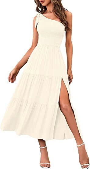 One-shoulder pleated dress with leg-revealing side slits in various colors