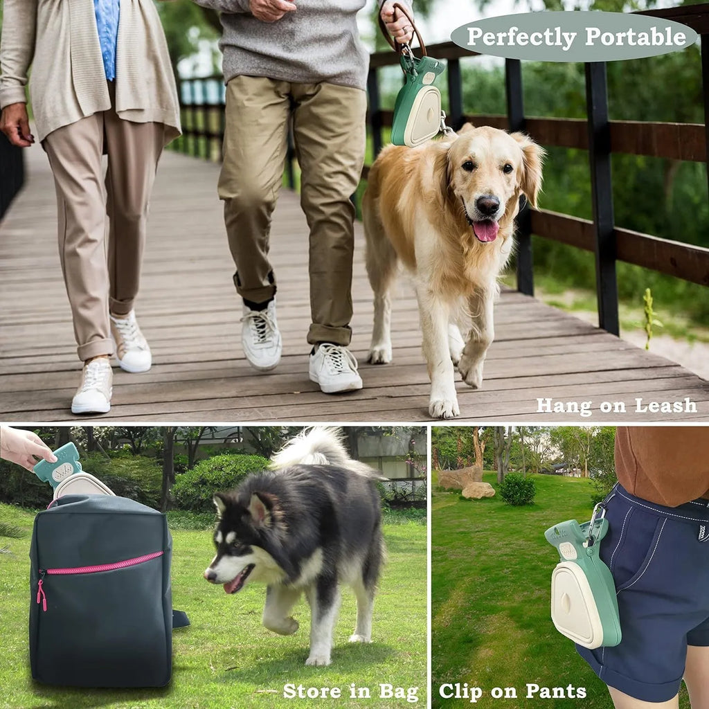 Blue handheld dog pooper scooper with attached bag dispenser and carabiner clip on a leash.