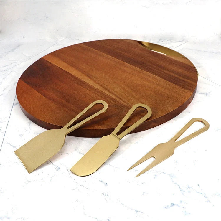 4-piece stainless steel cheese knife and acacia wood board set for elegant serving