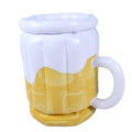 Large yellow inflatable beer mug cooler floating in swimming pool with drinks