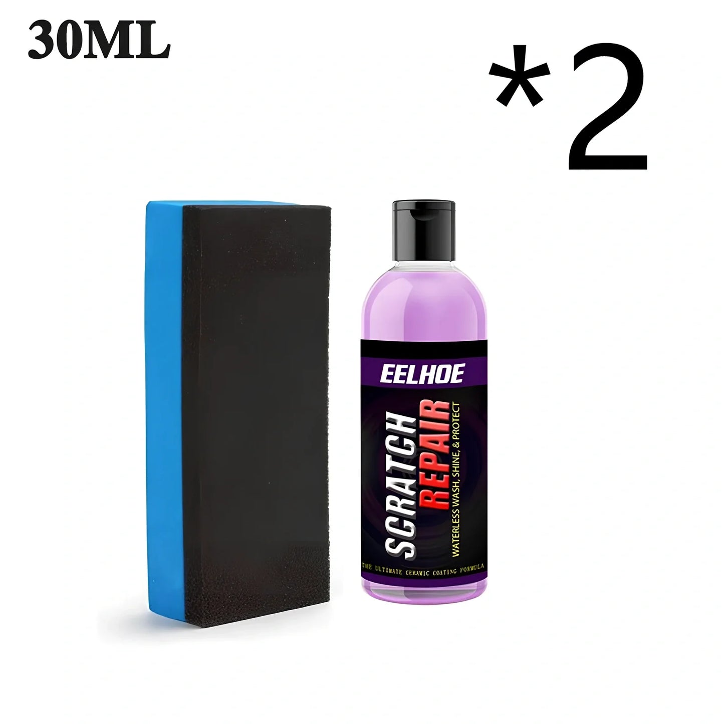 Blue bottle of 100ml car scratch repair fluid spraying on scratched vehicle panel, showing shine restoration