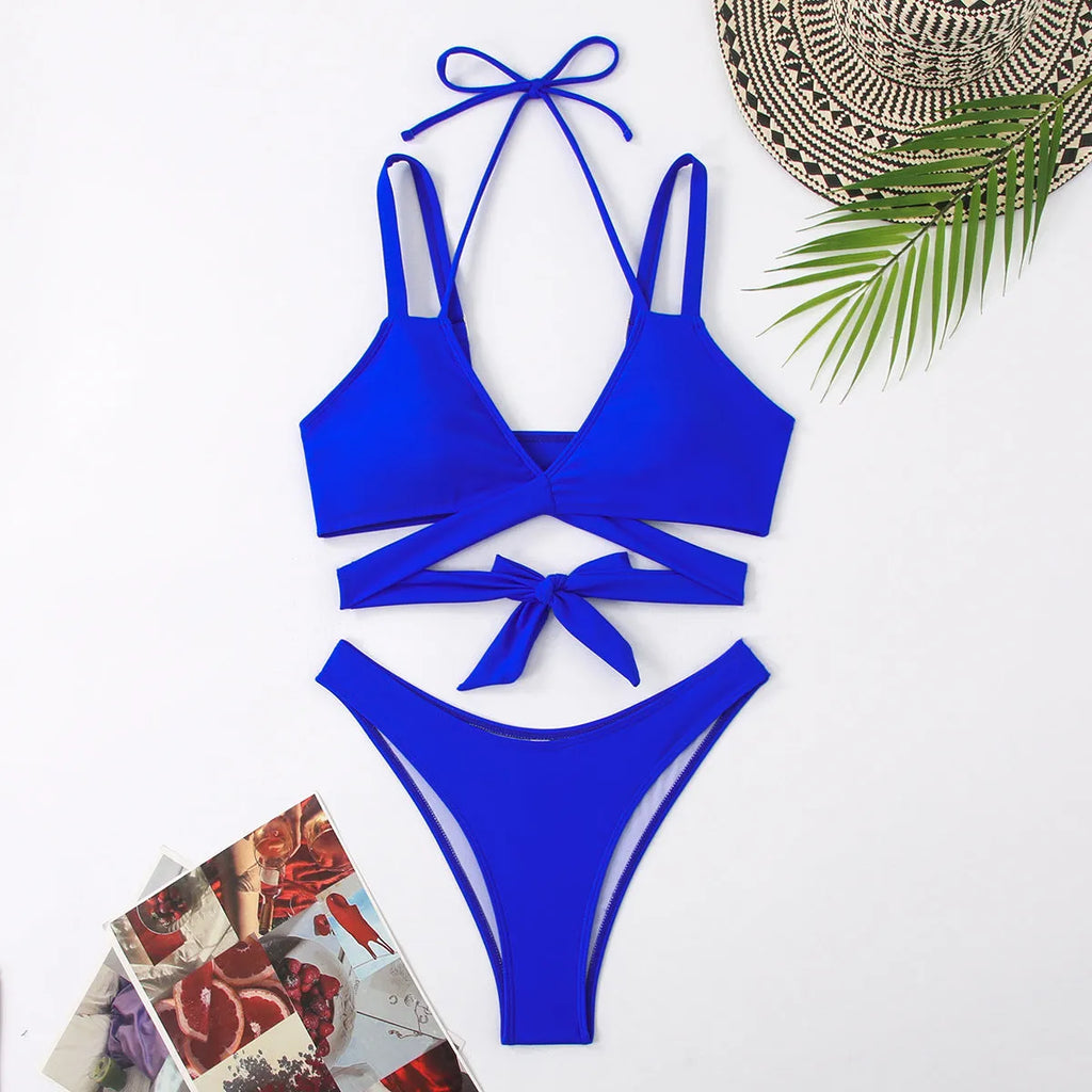 Strapless solid colour women's bikini swimsuit in briefs style, shown in red.
