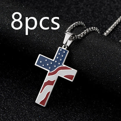Men's stainless steel flag cross necklace in Black, Gold, and Silver options