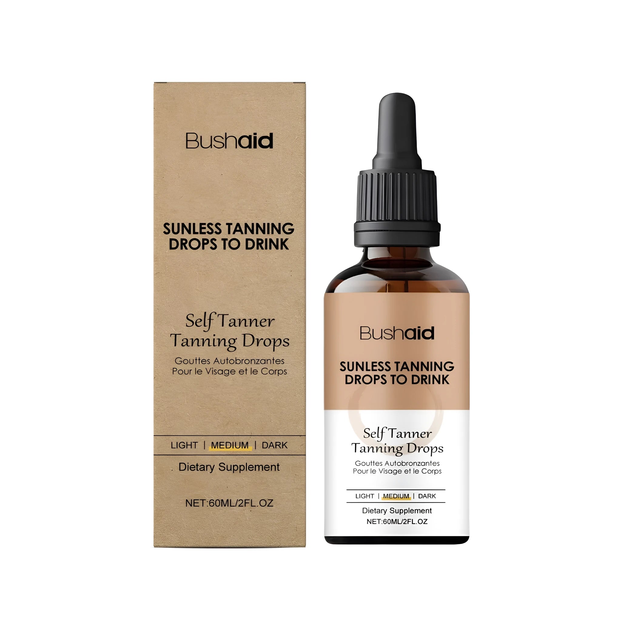 60ml bottle of self-drying tanning drops with a dropper, shown against a clean background.