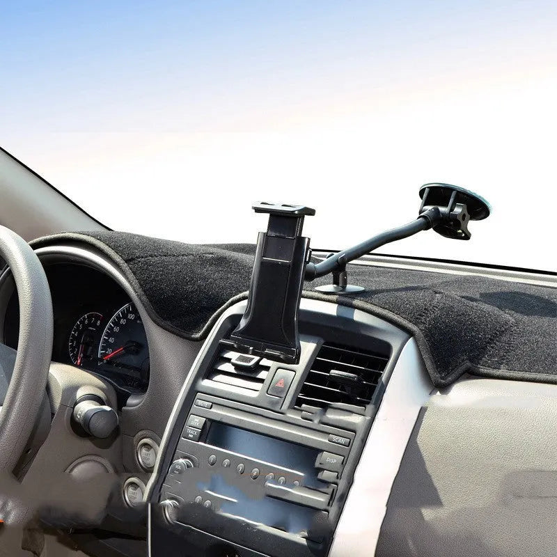 Black universal vehicle-mounted tablet holder with lifting bracket and long suction cup for 4-12 inch devices.