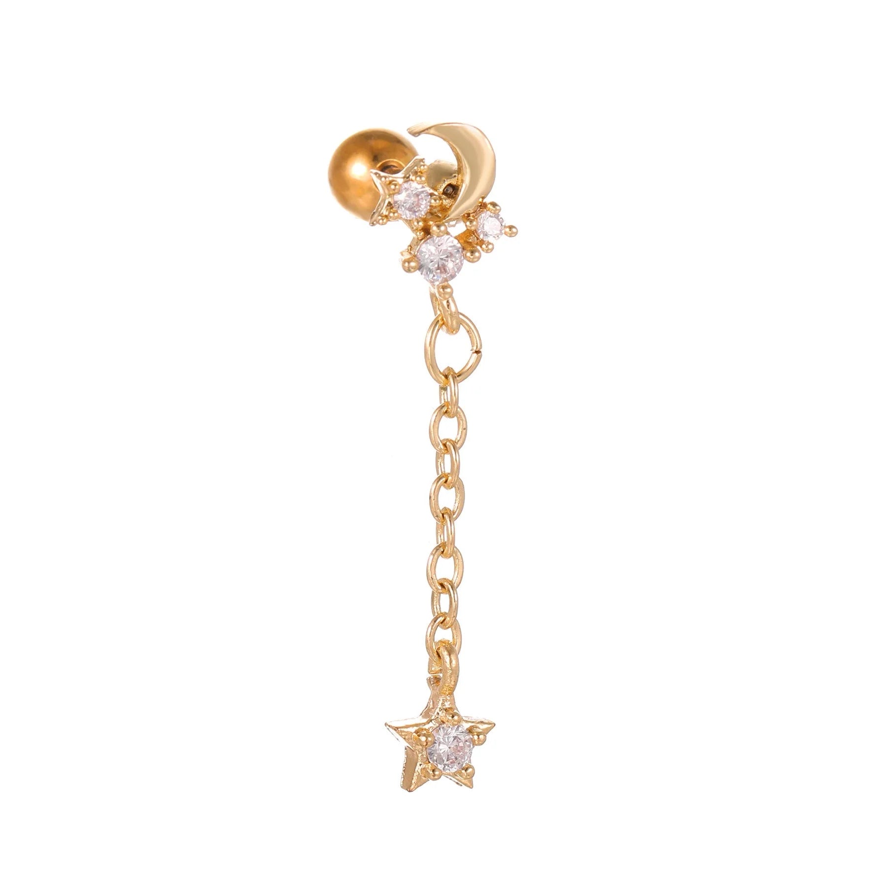 Star and moon cubic zirconia stainless steel cartilage earring in gold and white K options