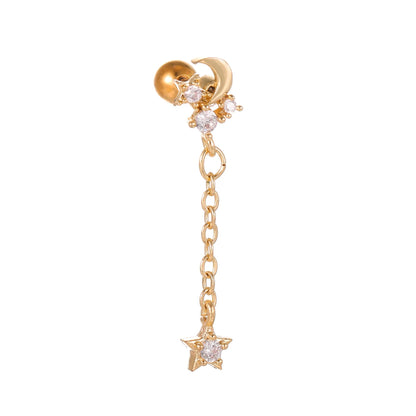 Star and moon cubic zirconia stainless steel cartilage earring in gold and white K options