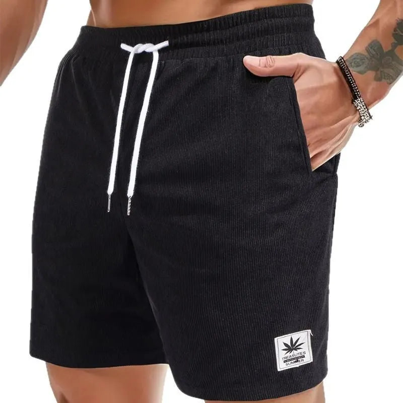 Men's grey drawstring summer leisure shorts on a white background.