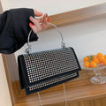 Small square chain crossbody bag for women with rhinestones in silver and black, PU construction with crossbody strap