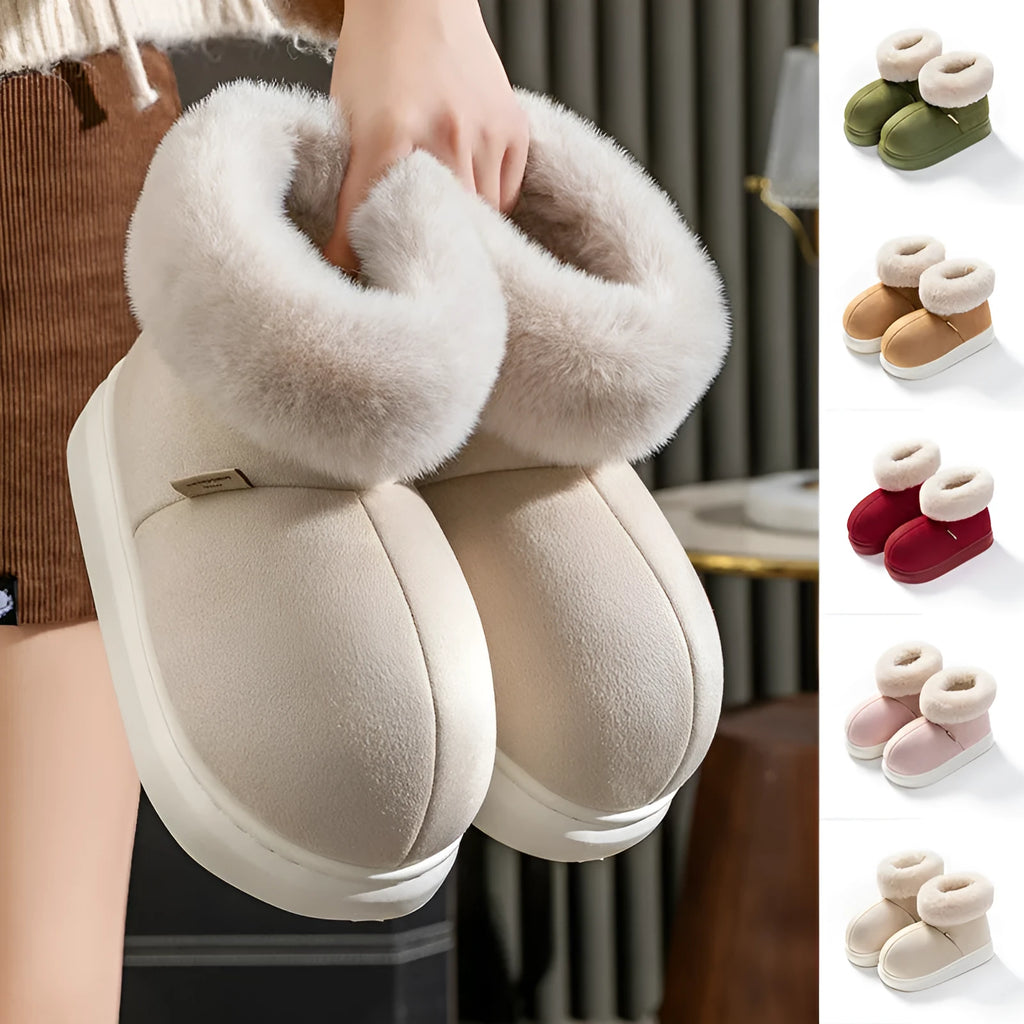 Beige women's winter ankle boots with plush upper, thick EVA sole, and round toe