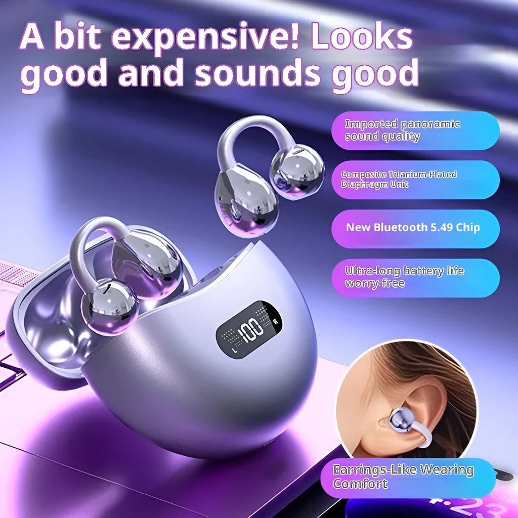 Berlin Sound ear clip wireless Bluetooth headphones in sporty style with silicone material, available in purple, black, and skin colours