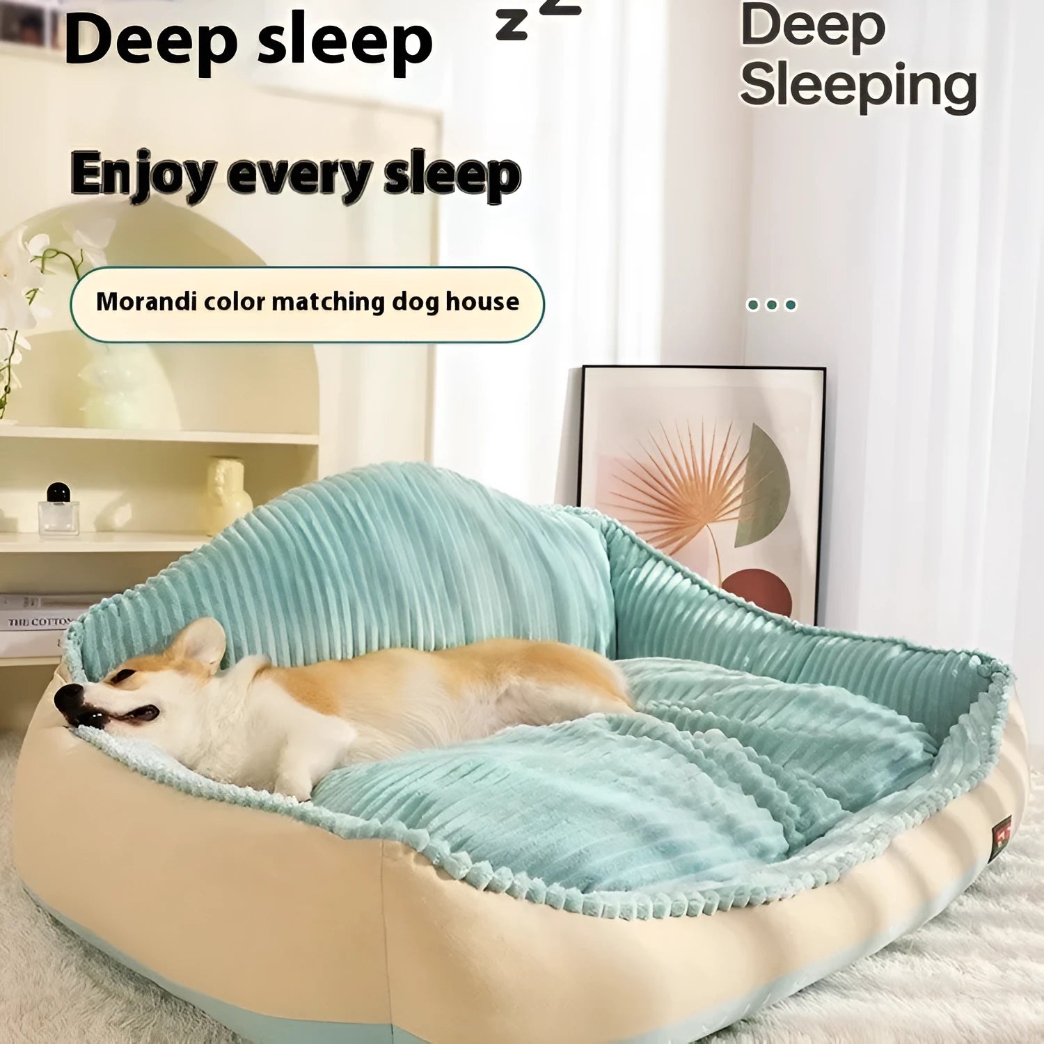 Morandi colour removable washable pet bed for dogs and cats on a sofa, shown in Medium and Large sizes.