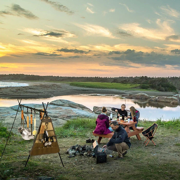 Camping tableware storage bag with 44x38cm dimensions and hanging feature for outdoor utensil organisation