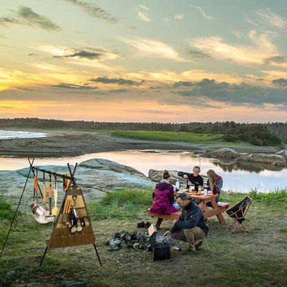 Camping tableware storage bag with 44x38cm dimensions and hanging feature for outdoor utensil organisation