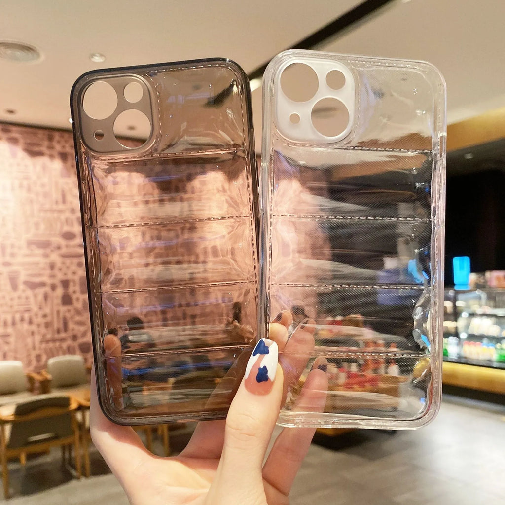 Transparent TPU phone case with down jacket texture for iPhone 15, shockproof air cushion design