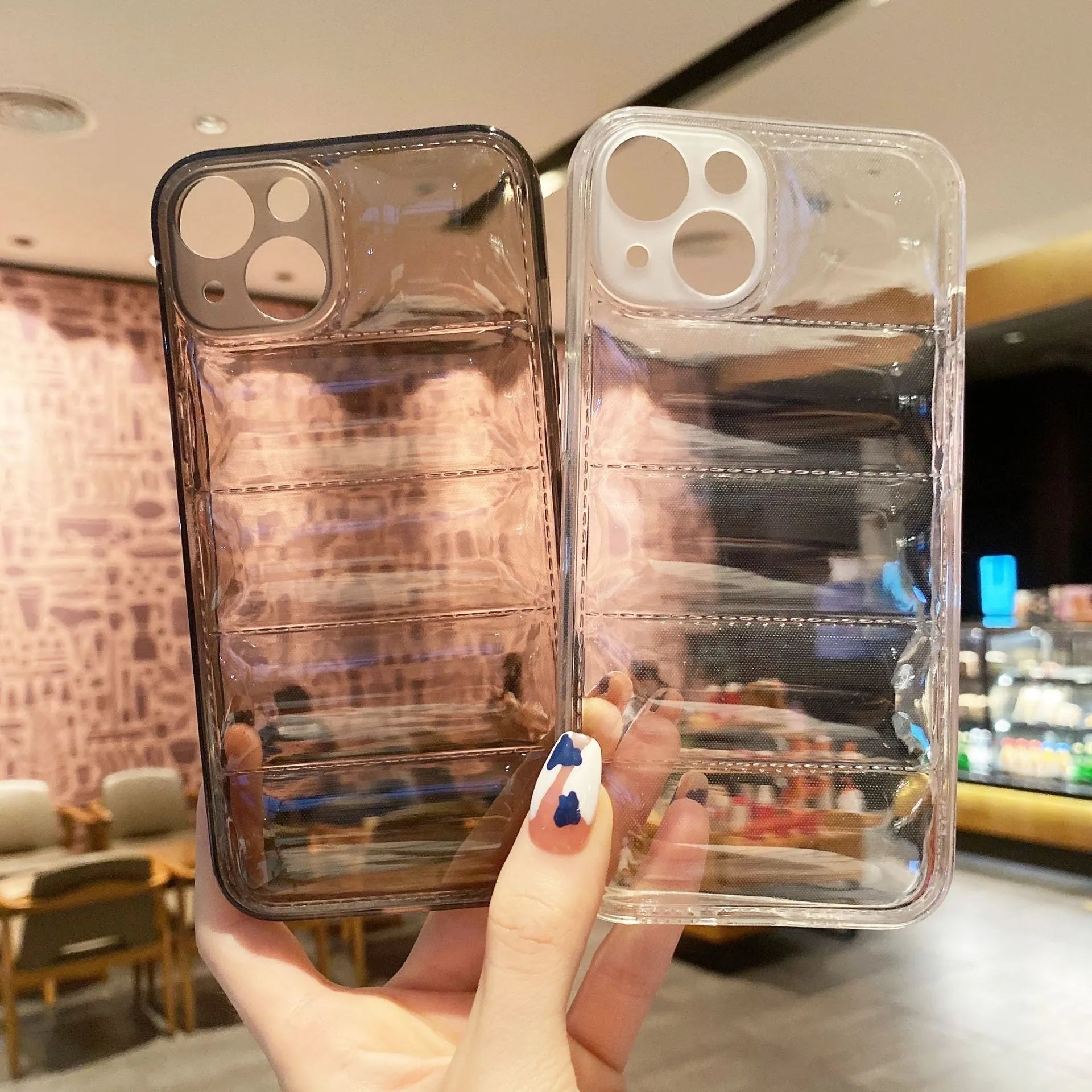 Transparent TPU phone case with down jacket texture for iPhone 15, shockproof air cushion design