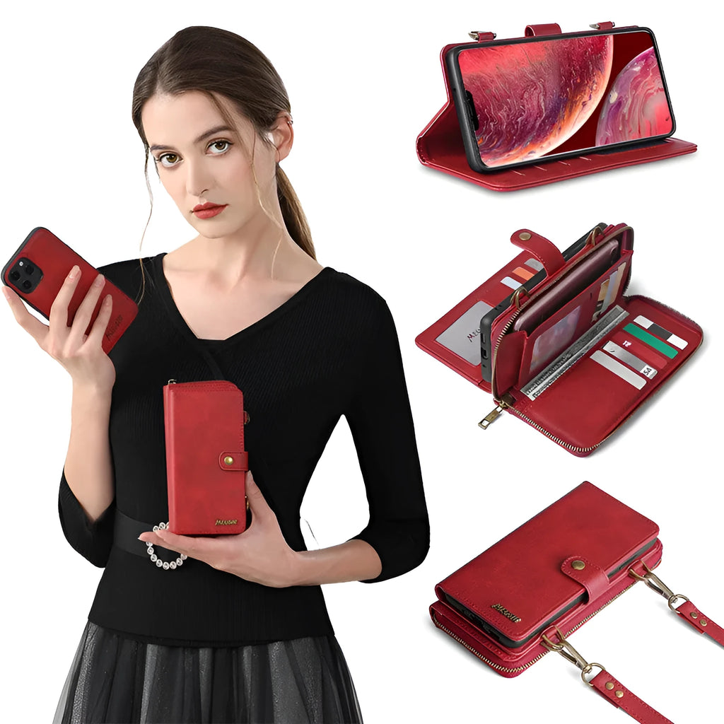 Black detachable wallet phone case showing strong adsorption leather flip cover open next to a smartphone.