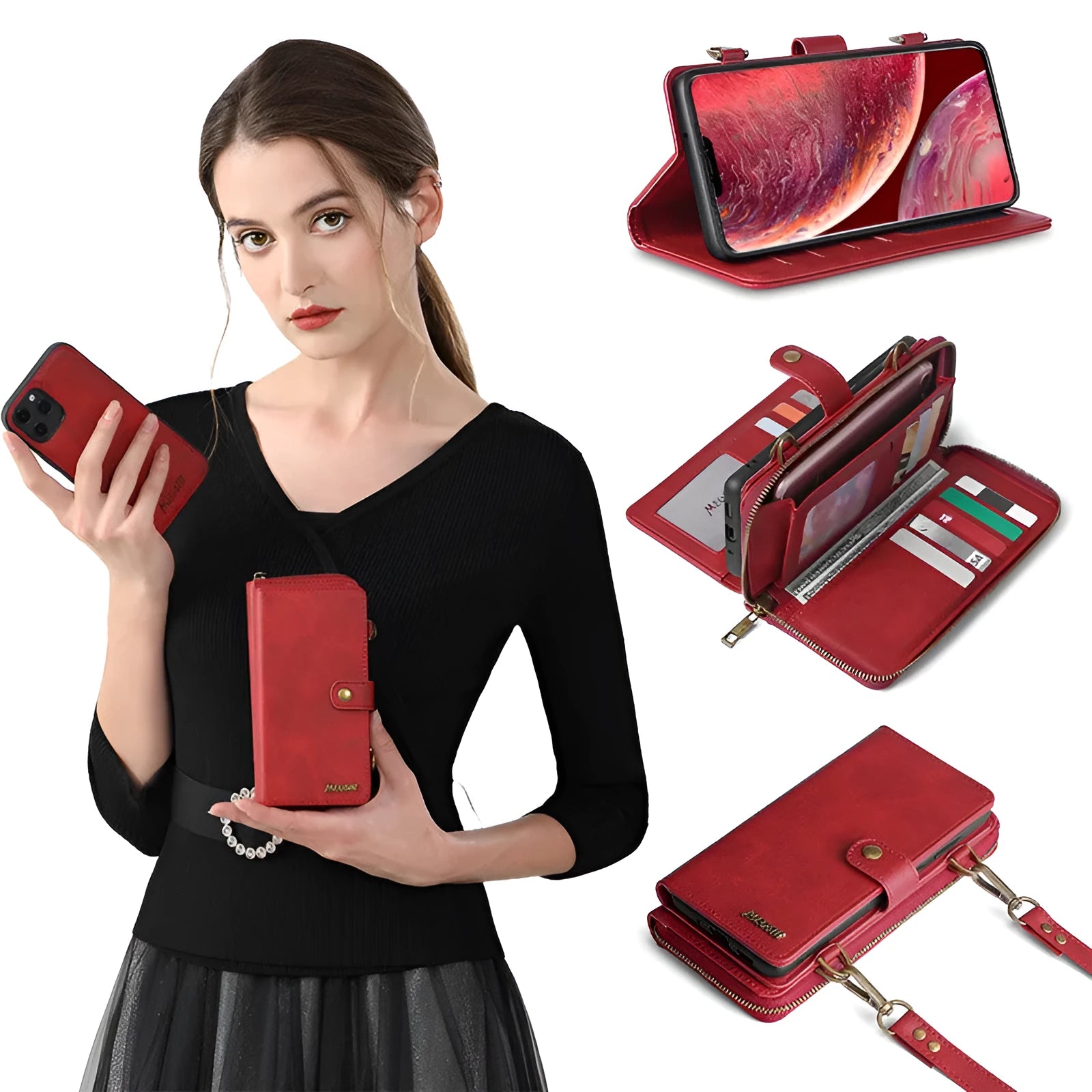 Black detachable wallet phone case showing strong adsorption leather flip cover open next to a smartphone.