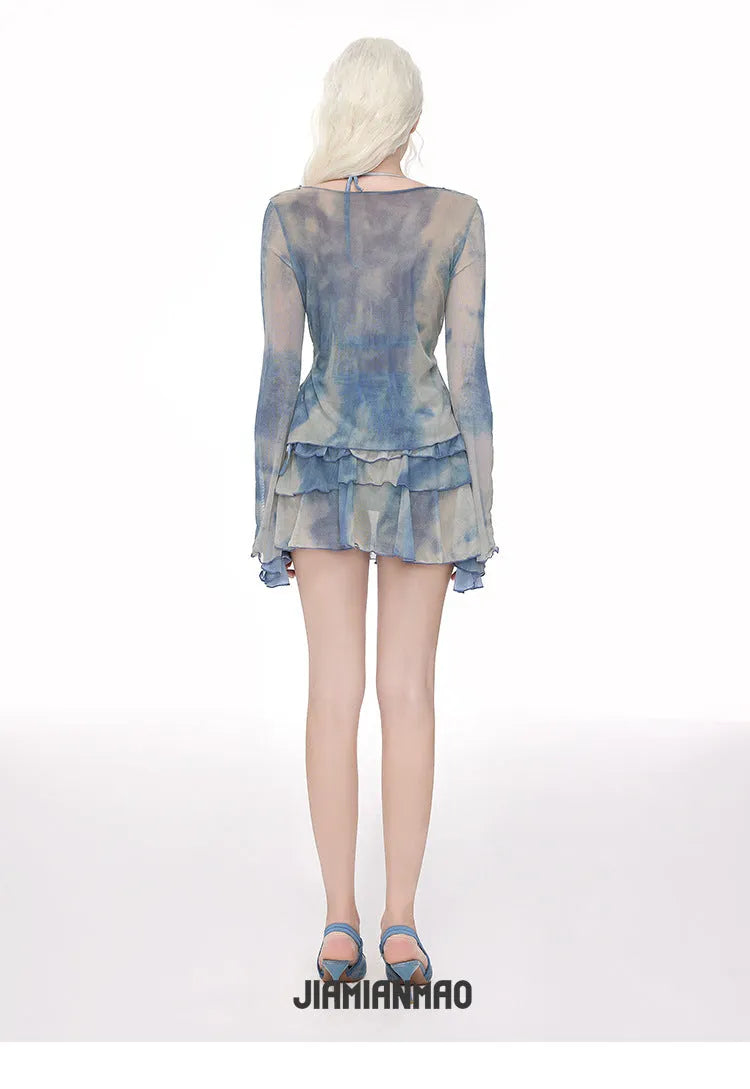 Women's steel support push-up long-sleeved blouse swimsuit in blooming blue with split briefs