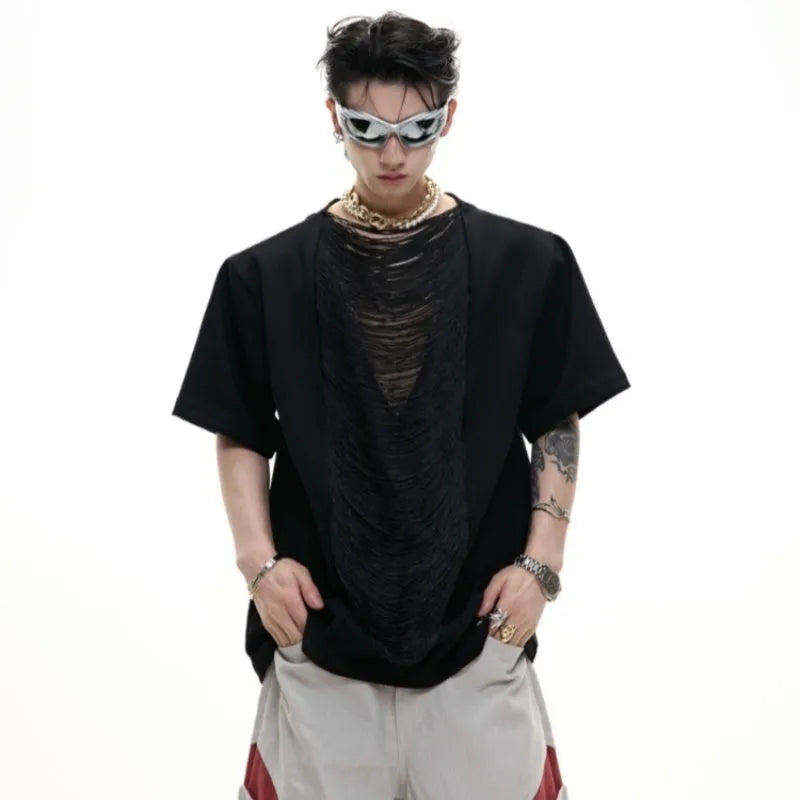 Men's black loose fit V-neck T-shirt with hollow out design and short sleeves