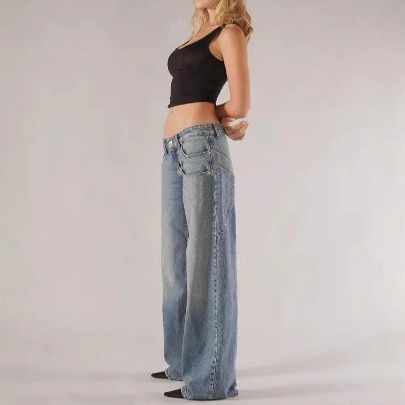 Loose straight wide leg mop trousers in cotton with low waist design