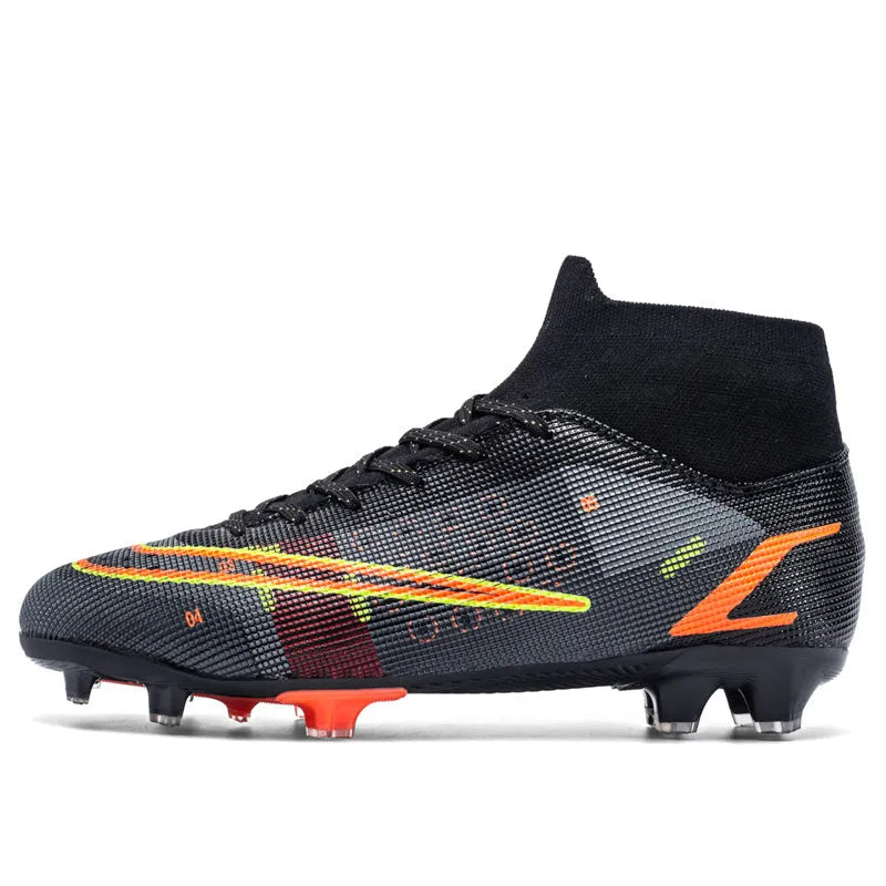 Men's high top AG spike football boots on artificial turf with non-slip rubber sole, black colour
